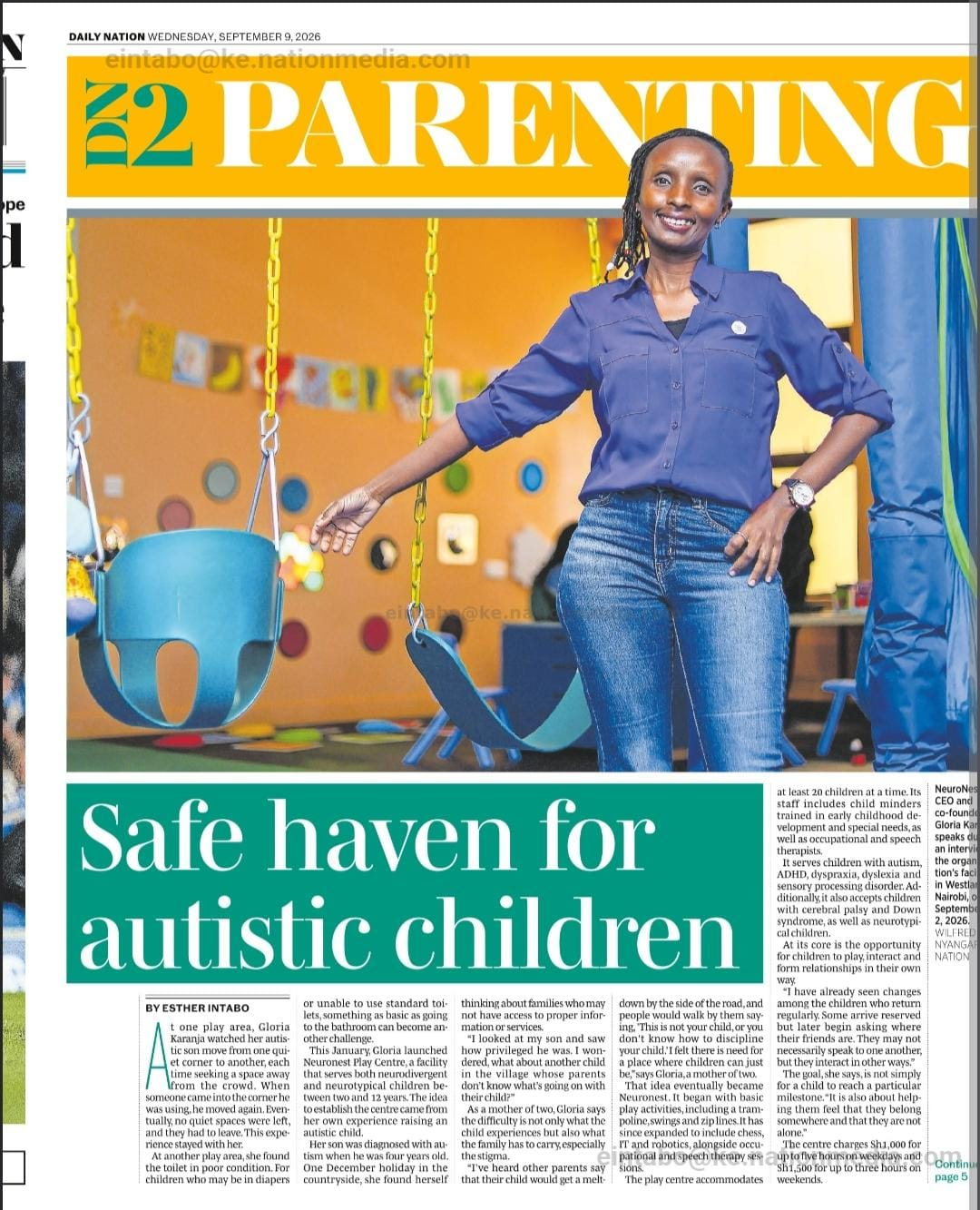 Daily Nation article page one - Safe haven for autistic children